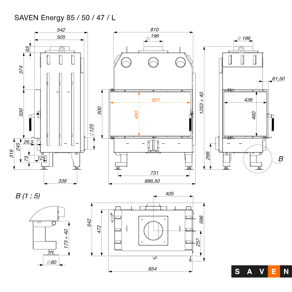 Камінна топка кутова SAVEN Energy ECO L 17,0 kW 85х50х47 (9161434) - фото 3