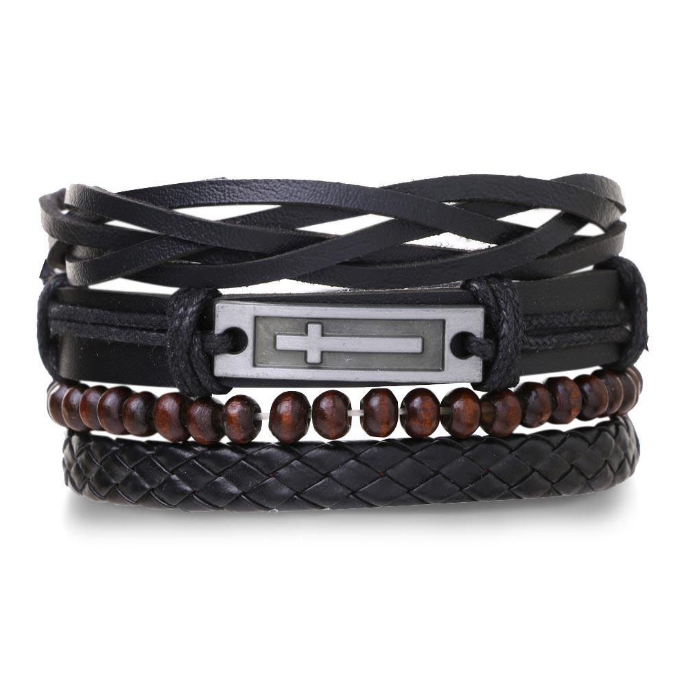 Набір плетених шкіряних чоловічих браслетів універсального розміру хрест (NR0511) Набір плетених шкіряних чоловічих браслетів універсального розміру хрест (NR0511)