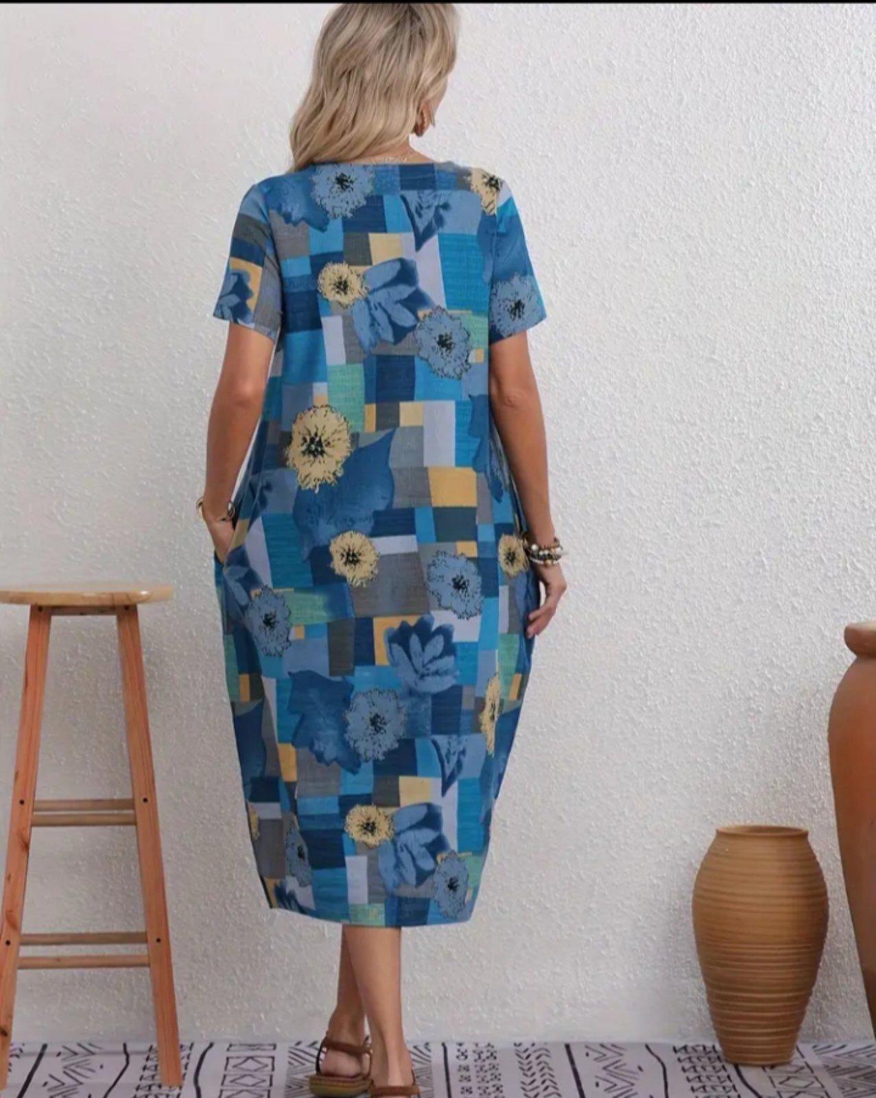 Сукня лляна з короткими рукавами ХХL Блакитно-жовтий (00211) - фото 2 Сукня лляна з короткими рукавами ХХL Блакитно-жовтий (00211) - фото 2