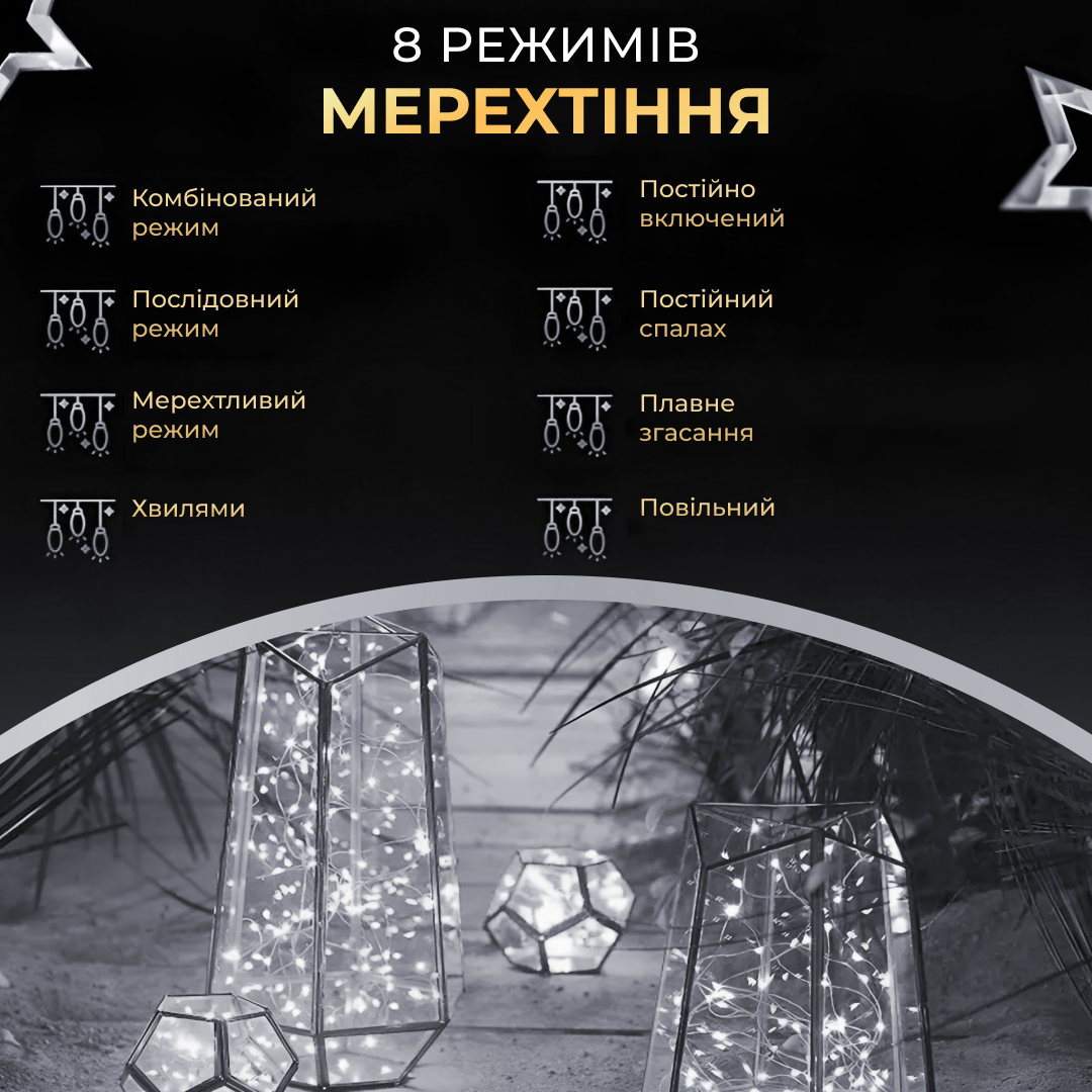 Гирлянда-нить Роса сетевая с пультом на медном проводе 200 м 2000LED Зеленый/Белый (2000L200MGW) - фото 5 Гирлянда-нить Роса сетевая с пультом на медном проводе 200 м 2000LED Зеленый/Белый (2000L200MGW) - фото 5