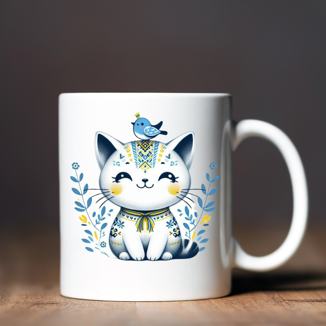 Чашка керамічна глянцева "Котик з пташкою 2" 330 мл Білий (001475)