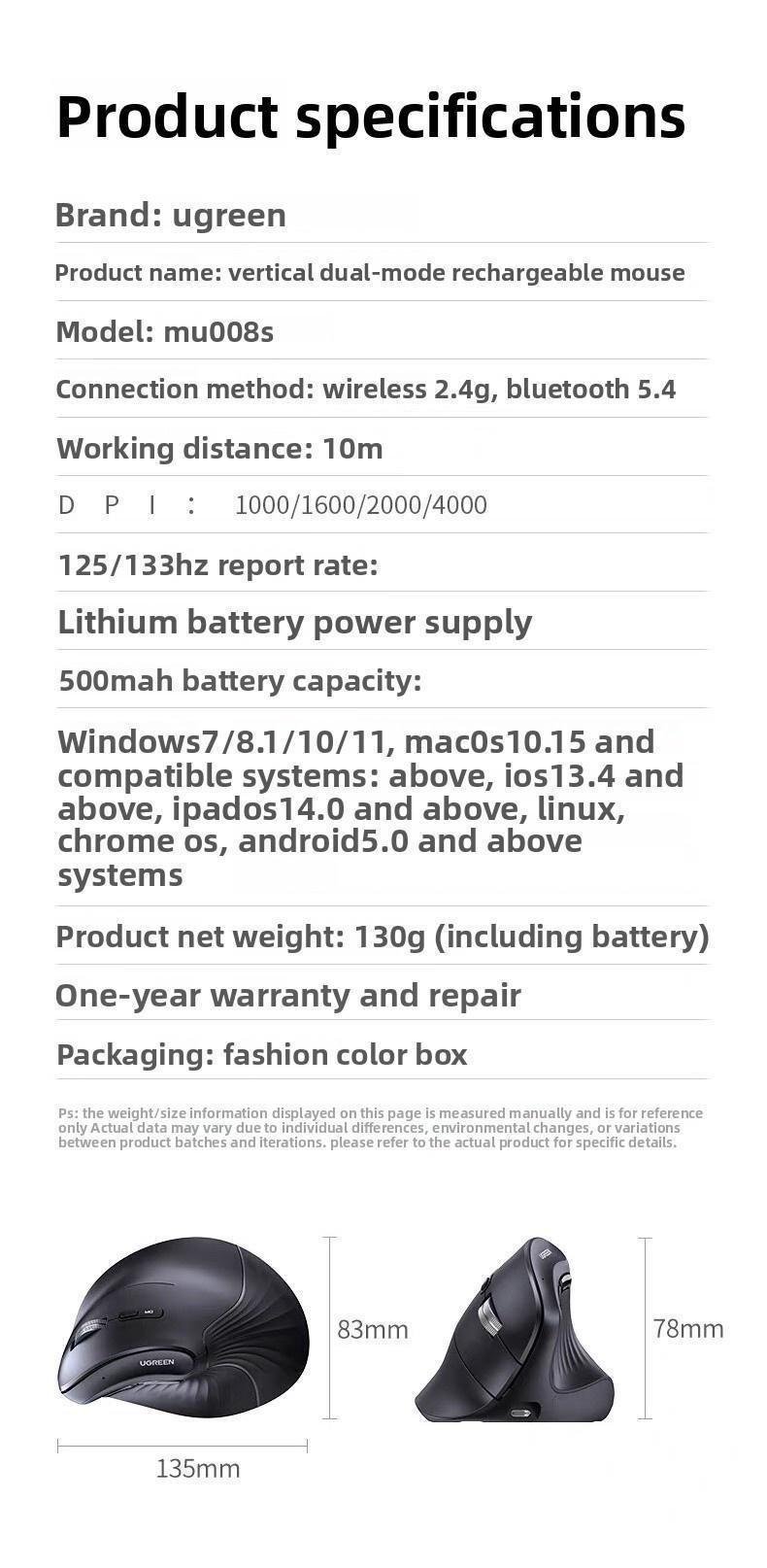 Мышь вертикальная Ugreen 2.4G 5.4 Черная (55559) - фото 10 Мышь вертикальная Ugreen 2.4G 5.4 Черная (55559) - фото 10