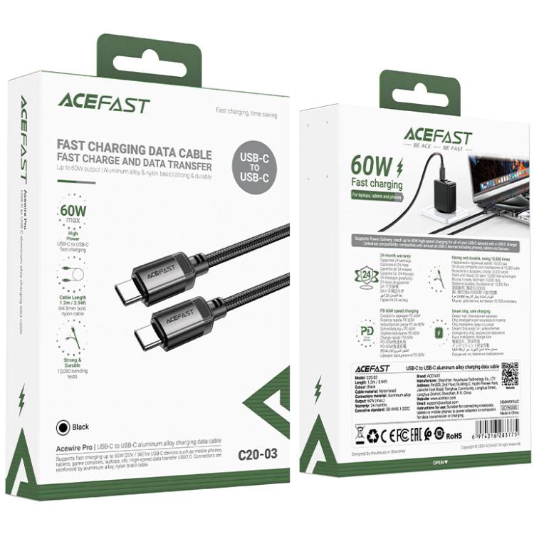 Кабель Acefast C20-03 USB 2.0 Type-C to Type-C 3A aluminum alloy 1,2 м Black (6974316283775) - фото 4 Кабель Acefast C20-03 USB 2.0 Type-C to Type-C 3A aluminum alloy 1,2 м Black (6974316283775) - фото 4
