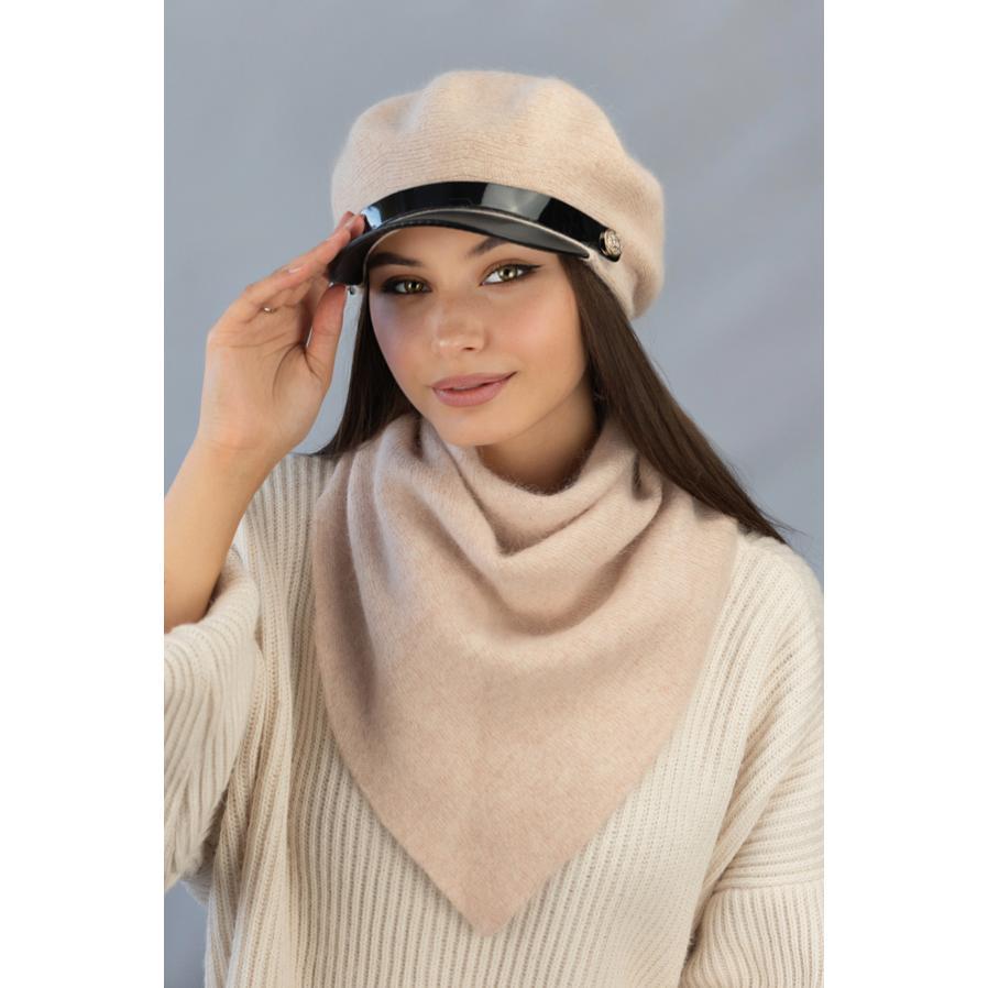 Комплект женский Braxton 4953-5 шерстяной шапка с козырьком одинарная и косынка Кремовый