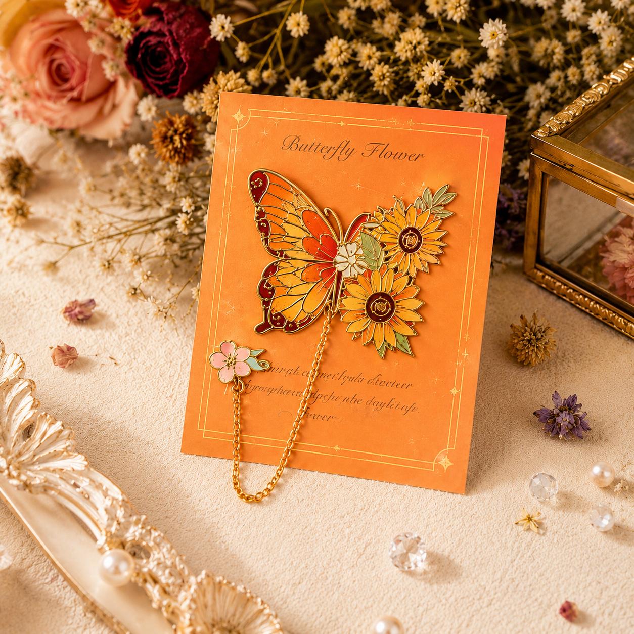 Закладка для книг металева Метелик та Помаранчева хризантема (37243219)