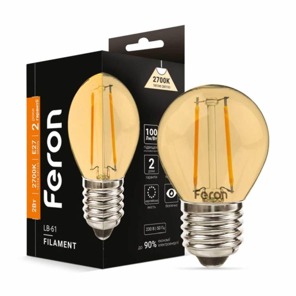 Светодиодная лампа Feron Filament LB-61 2 Вт E27 2700K Золотой (15353)