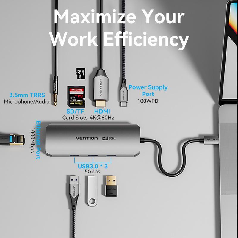 USB-хаб Vention Type-C-3x USB 3.0/5 Гбит/с HDMI 4K 60Hz/Type-C PD 100W/SD/TF карты RJ45 1 Гбит/с 3,5 мм minijack USB-C Серый (TQLHB) - фото 3