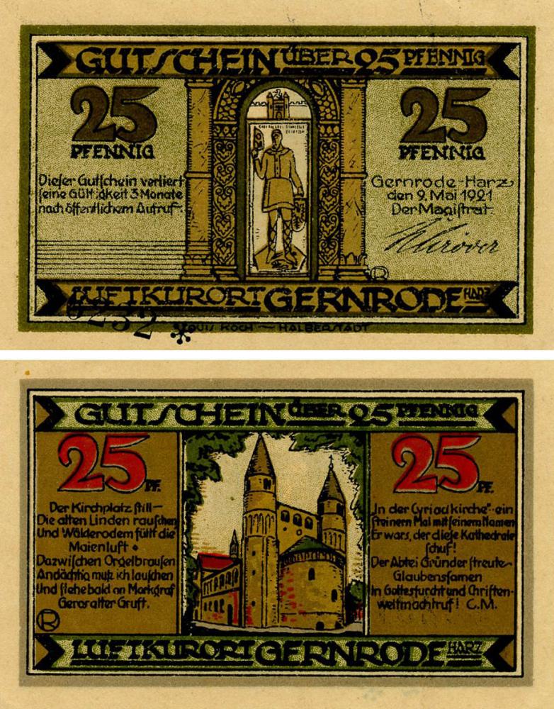 Коллекционная банкнота Германия Нотгельд 25 пфеннигов 1921 F-VF Гернроде Разновидность 1 (Б18554)