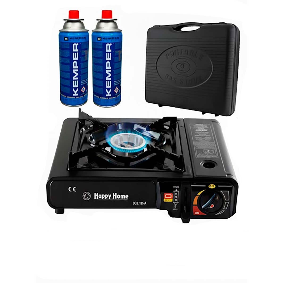 Газовая плита кемпинговая портативная Happy Home с пьезоподжигом BDZ-155-A в кейсе с газовыми баллонами 2х220 г (14k09p023) Газовая плита кемпинговая портативная Happy Home с пьезоподжигом BDZ-155-A в кейсе с газовыми баллонами 2х220 г (14k09p023)