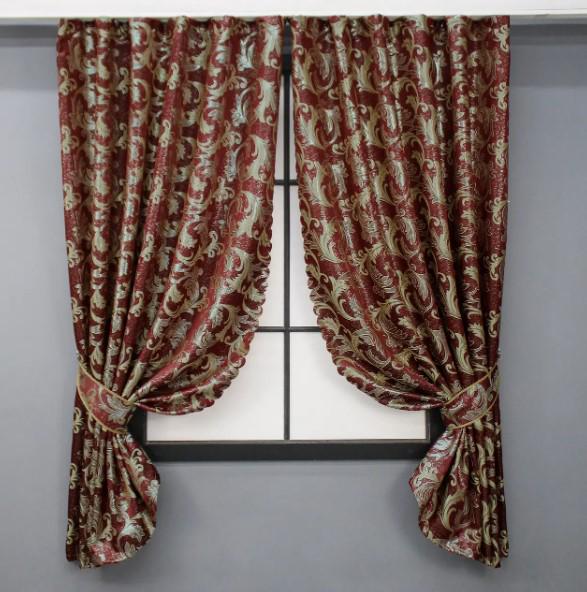Шторы на кухню Завиток жаккард 1,45х1,7 м 2 шт. Бордовый/Золотистый (1650ш 35-0260)