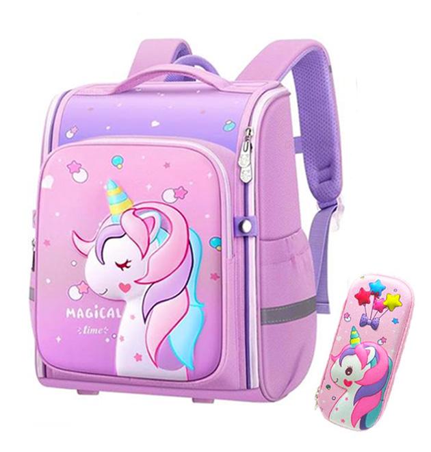 Рюкзак школьный детский ортопедический для девочки 3D Единорог 1-4 класс и школьный пенал Розовый