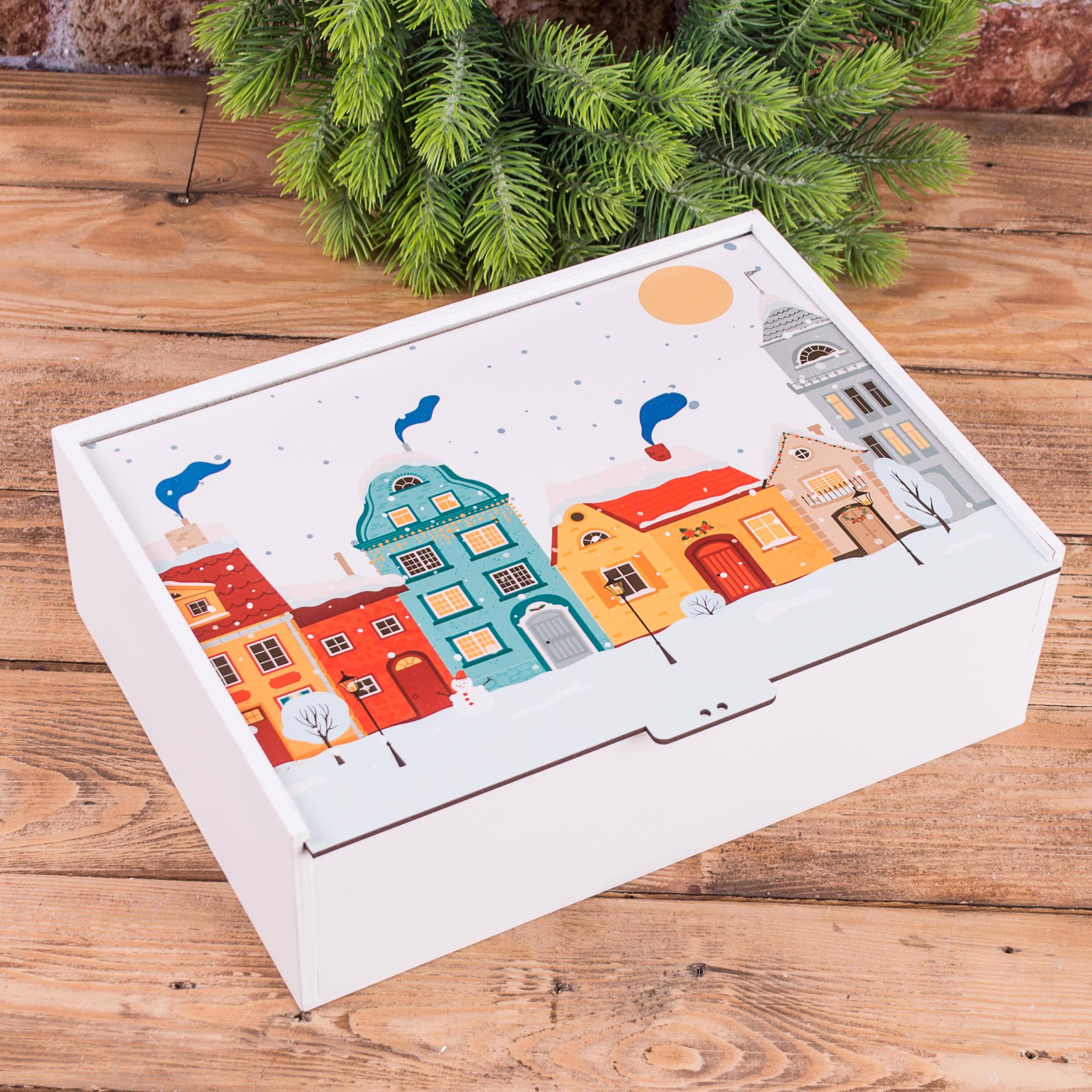 Коробка прямоугольная подарочная деревянная домики 29 см (4438-1) Коробка прямоугольная подарочная деревянная домики 29 см (4438-1)