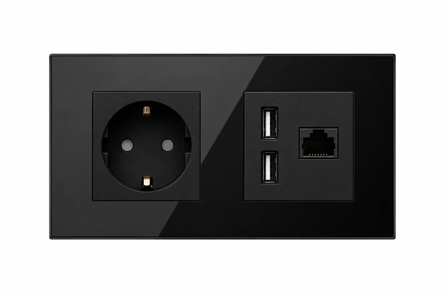 Розетка двойная европейская Tawoia Smart Home 3в1 с USB и LAN-портом стеклянная панель Черный (SKU-051)
