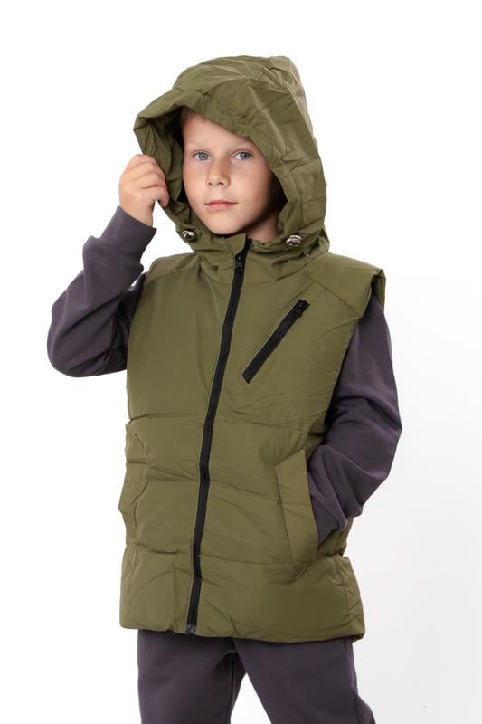 Жилетка демісезонна для хлопчика однотонна з капюшоном Носи Своє 150 см Хакі (14276)