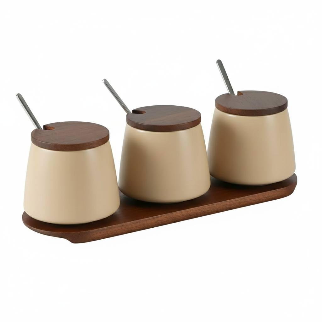 Набір контейнерів для солі/перцю/приправ та спецій з кришками та ложками на деревʼяній підставці 3 шт. Бежевий (31192056)
