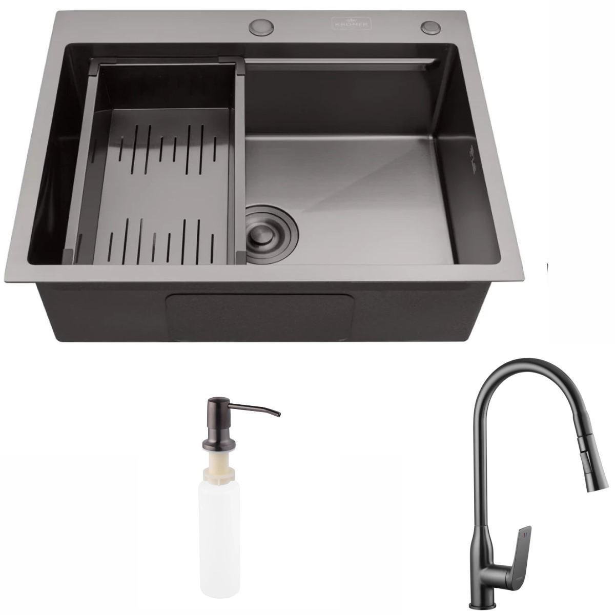Мойка Kroner Schwarze 6350HM и смеситель для кухни с выдвижным изливом Kroner KRP Graz-GRP030-T