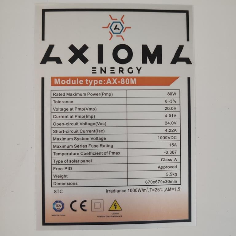 Батарея сонячна Axioma Energy AX-80М Mono монокристалічна панель без з'єднувальних кабелів фотомодуль 80 Вт 670x670x30 мм - фото 4