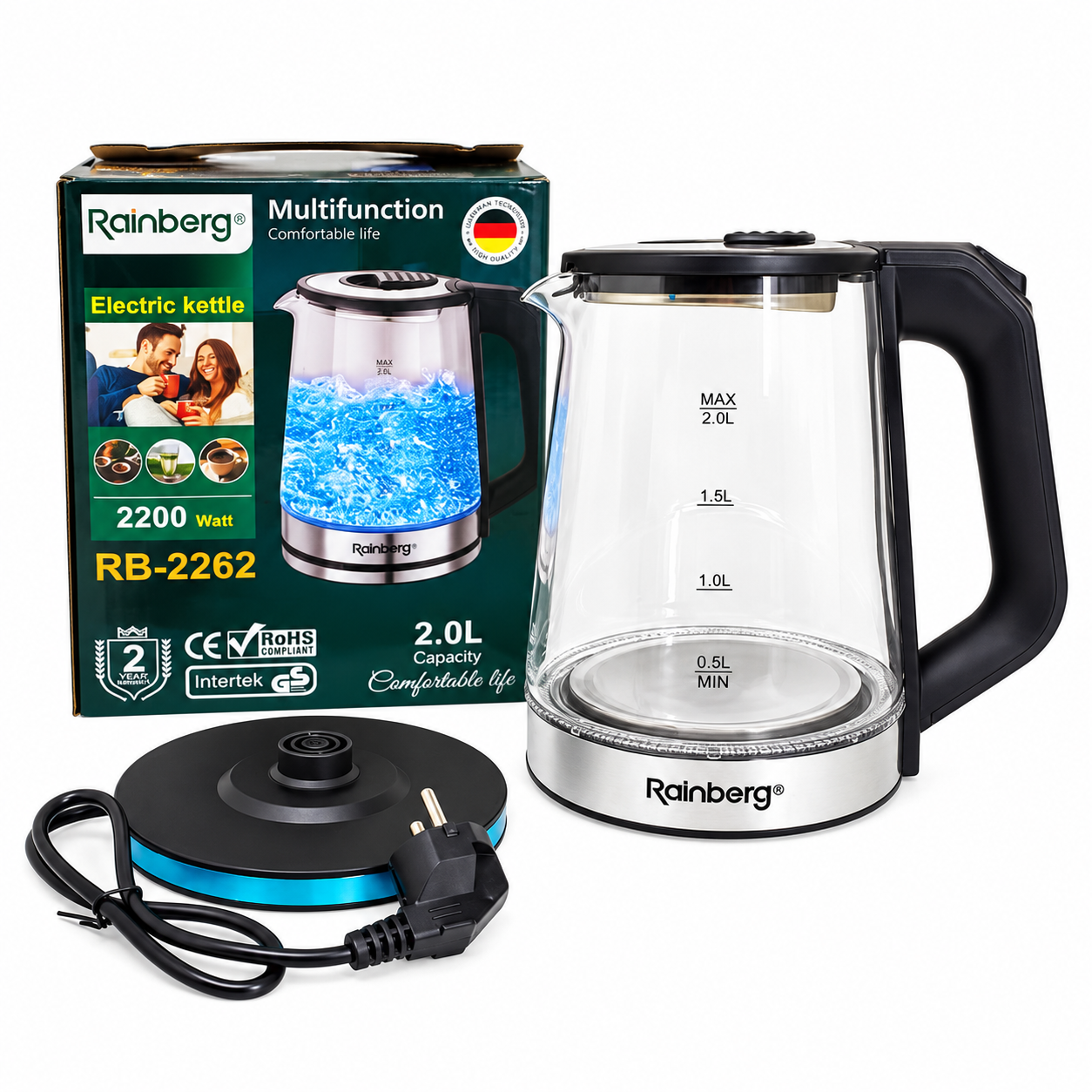 Электрочайник стеклянный Rainberg RB-2262 2 л 2200 Вт с LED-подсветкой Черный (ML-06732)