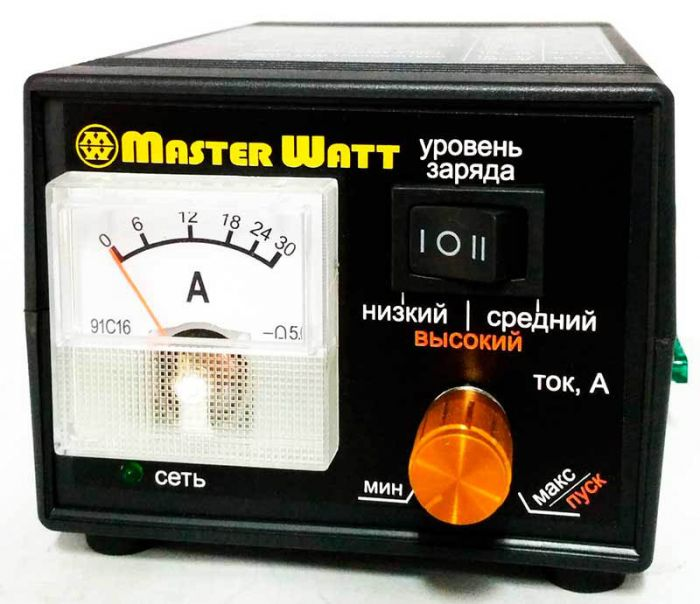 Зарядний пристрій MasterWatt MW-IZU12-25A 12V з амперметром для авто/мото акумуляторів до 25А (26769)
