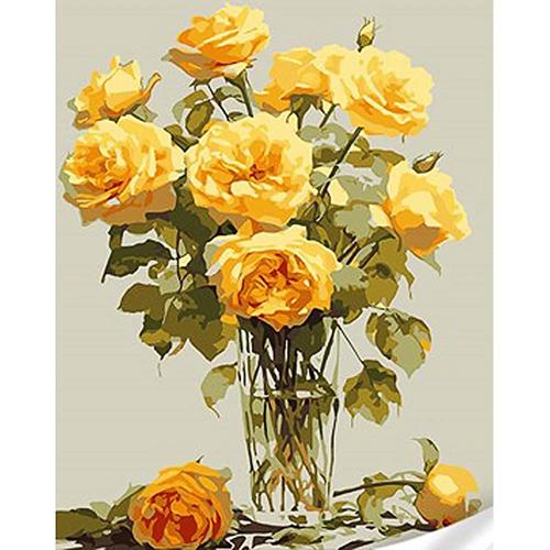 Картина за номерами Strateg Преміум Жовті троянди у вазі з лаком та рівнем 30x40 см (Str-SS1011)