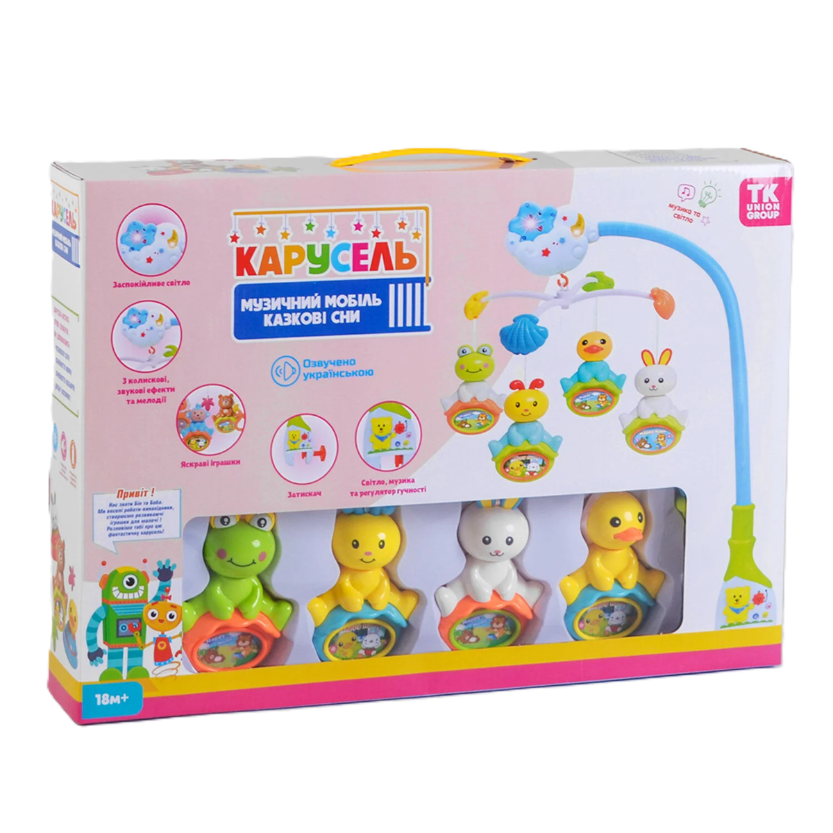 Мобіль TK Group Карусель 50837/18 українською мовою/4 підвіски/світлові та звукові ефекти/на батарейках/в коробці (25442485)
