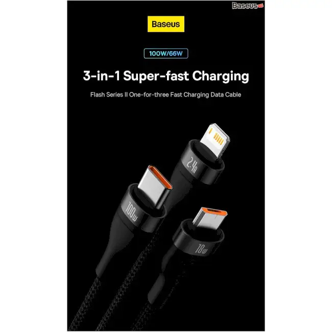 Кабель BASEUS Flash Series II 3в1 Cable USB to MicroUSB/Lightning/Type-C CASS030003 100W 1,2 м Blue - фото 7