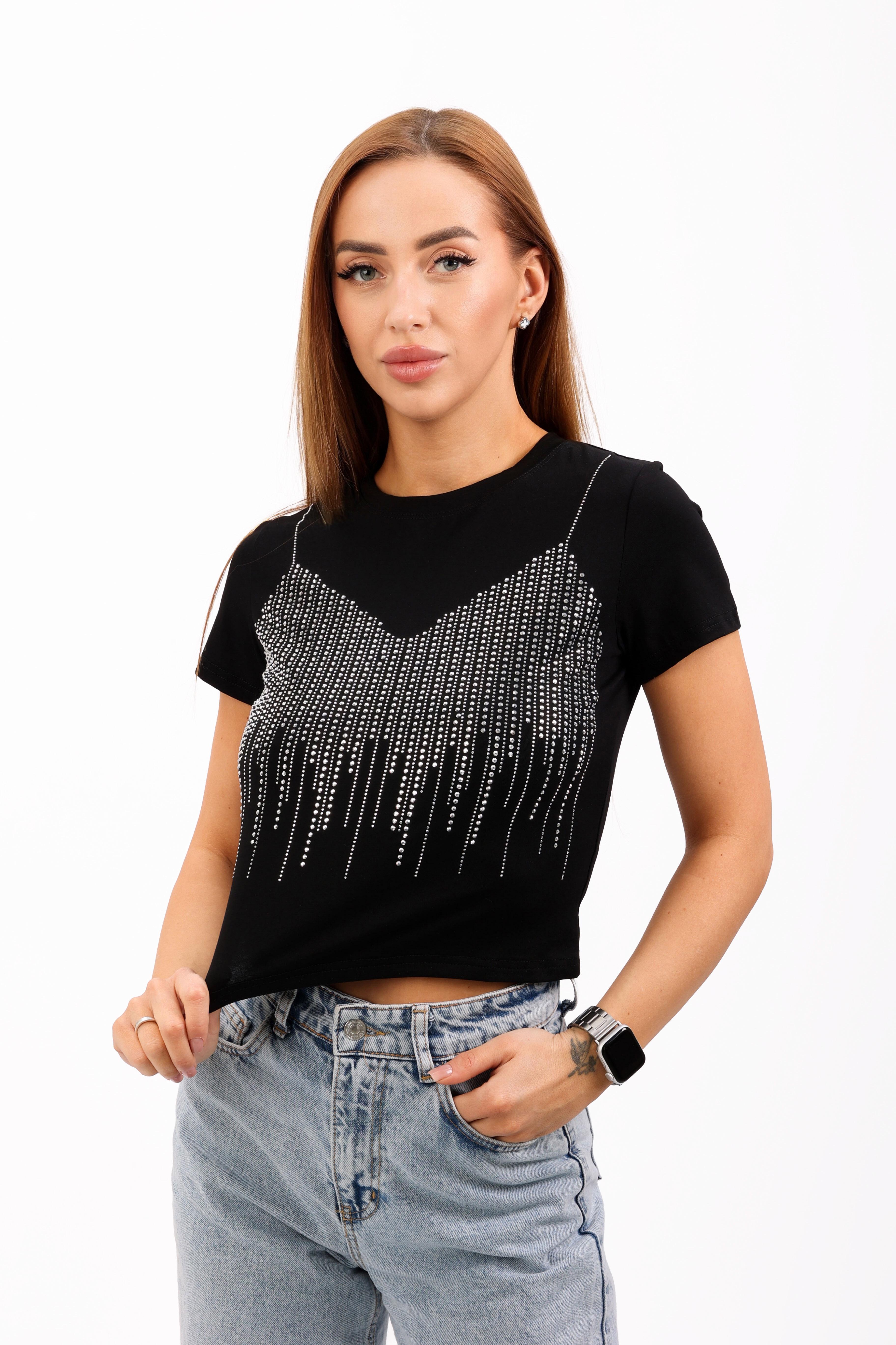 Футболка женская Where Uwear 347220 укороченная с декором OS Черный (347220_Onesize)