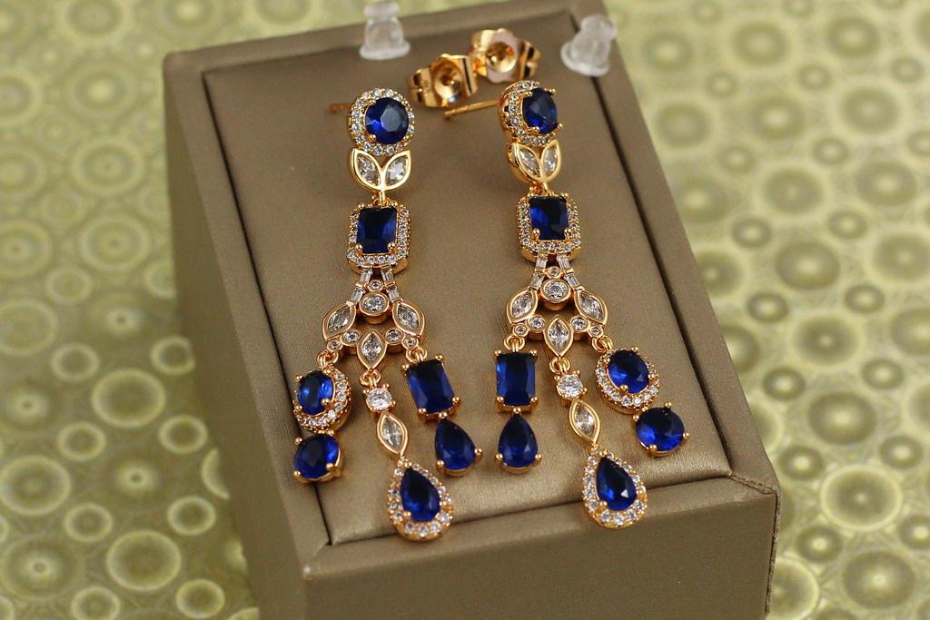 Серьги подвески Xuping Jewelry Валери с синими камнями 5,3 см Золотистый (28195165)