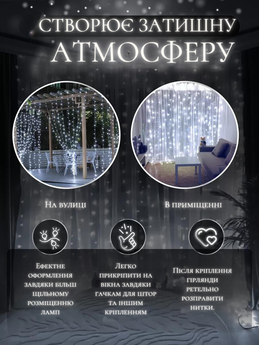 Штора-гирлянда на окно новогодняя светодиодная Белый холодный (30307092) - фото 4