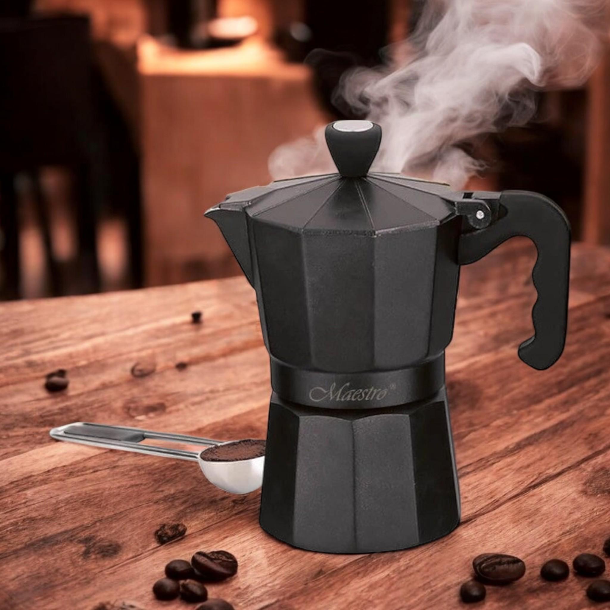 Кофеварка гейзерная Espresso Moka Maestro MR-1666-6 на 6 чашки алюминиевая 300 мл Black (G_MR1666/6Black) - фото 5 Кофеварка гейзерная Espresso Moka Maestro MR-1666-6 на 6 чашки алюминиевая 300 мл Black (G_MR1666/6Black) - фото 5