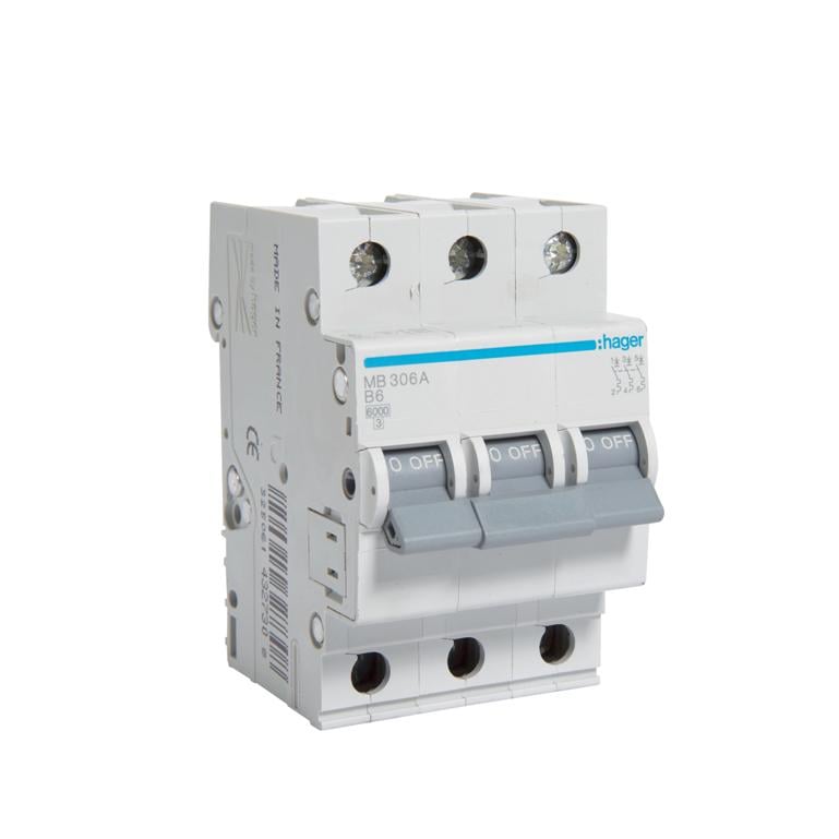 Автоматический выключатель Hager 3P 6A B 6 kA MB306A 3M