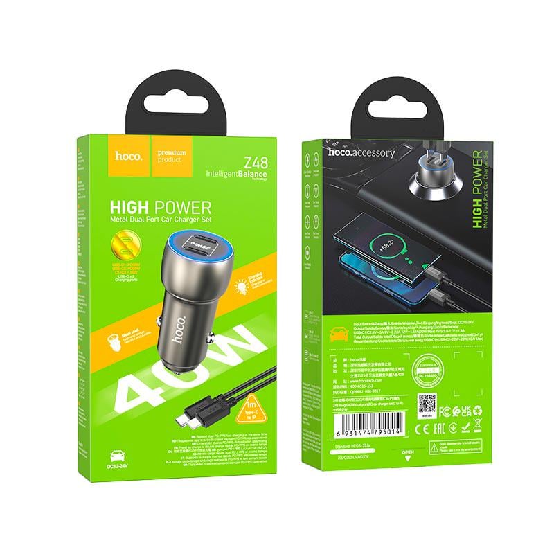 Автомобільний зарядний пристрій Hoco Type-C для Lightning Cable Tough Dual Port Z48 40W 3A PD/QC Grey (11870369) - фото 4 Автомобільний зарядний пристрій Hoco Type-C для Lightning Cable Tough Dual Port Z48 40W 3A PD/QC Grey (11870369) - фото 4