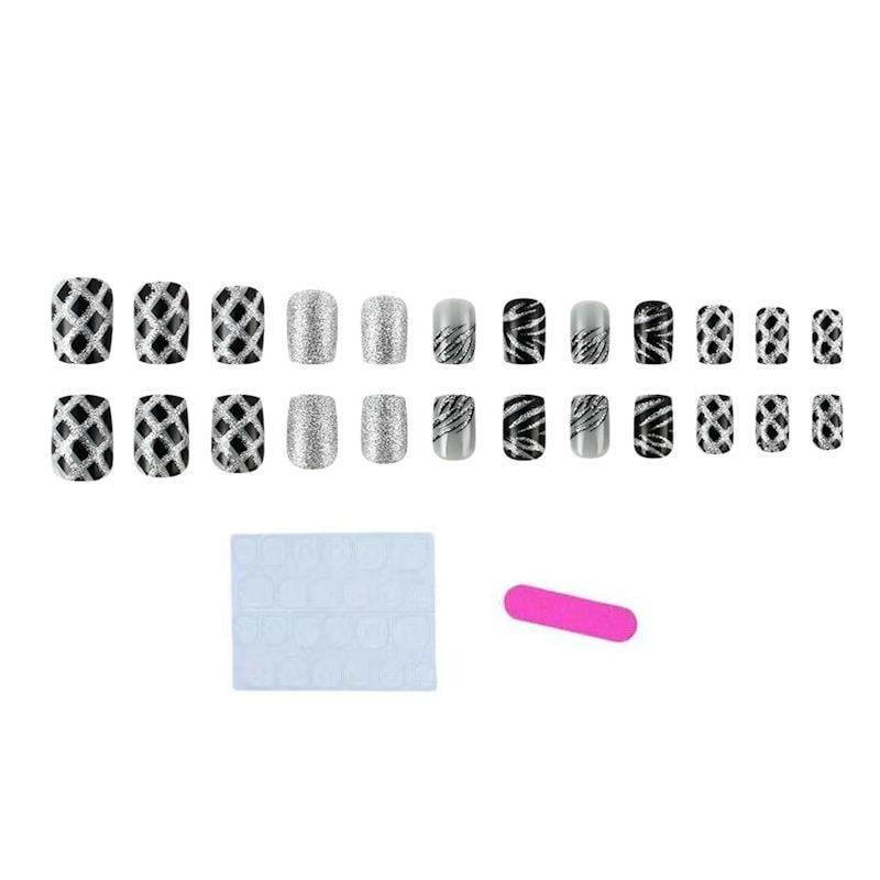 Накладные короткие ногти Шахматный узор квадрат с клеевыми пластинами 24 шт. Серебристый с черным (2789190669)