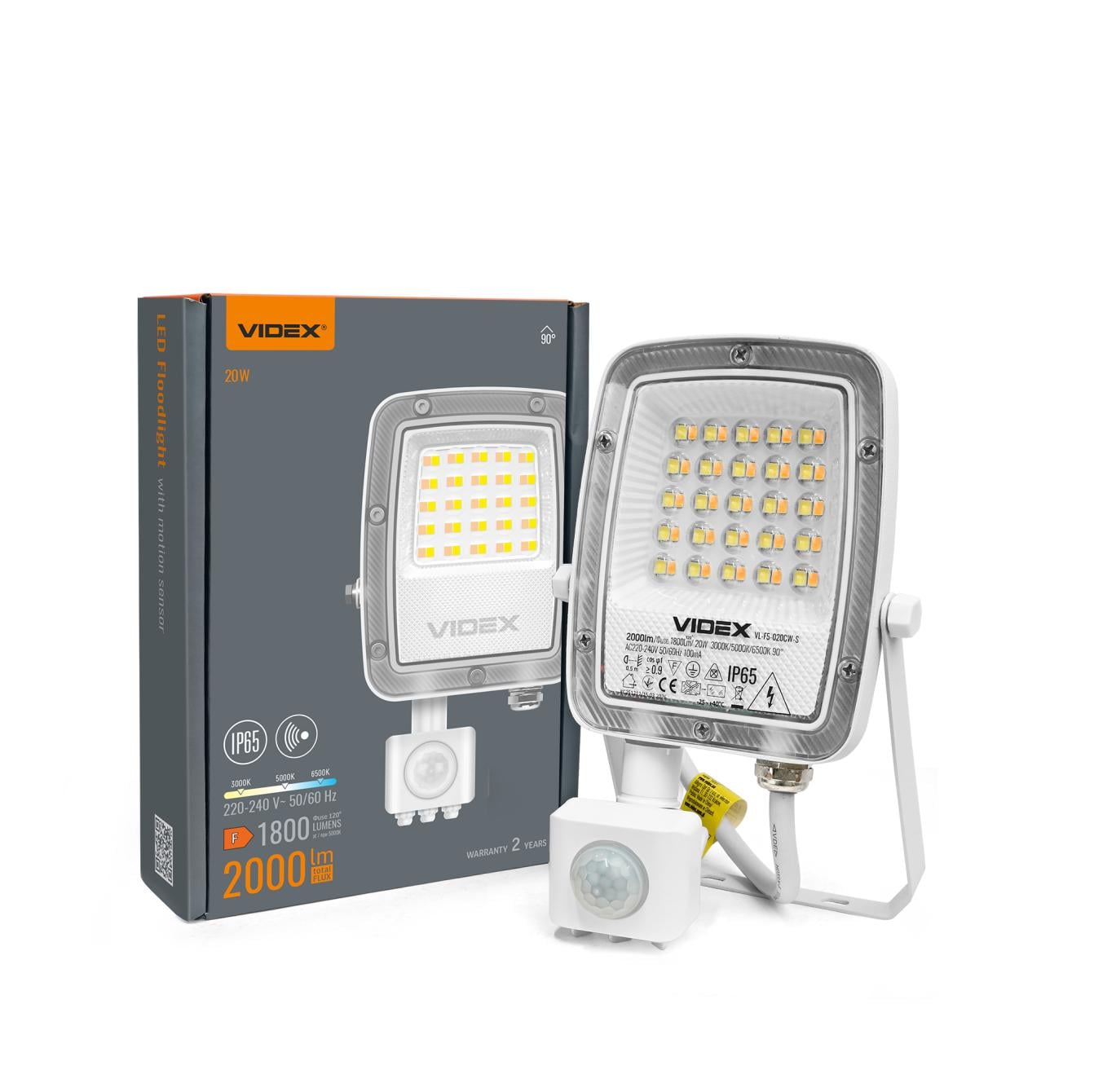 Прожектор LED Videx F5 VL-F5-020CW-S 20W 3000/400/6500K з датчиком руху 230V White (29260)