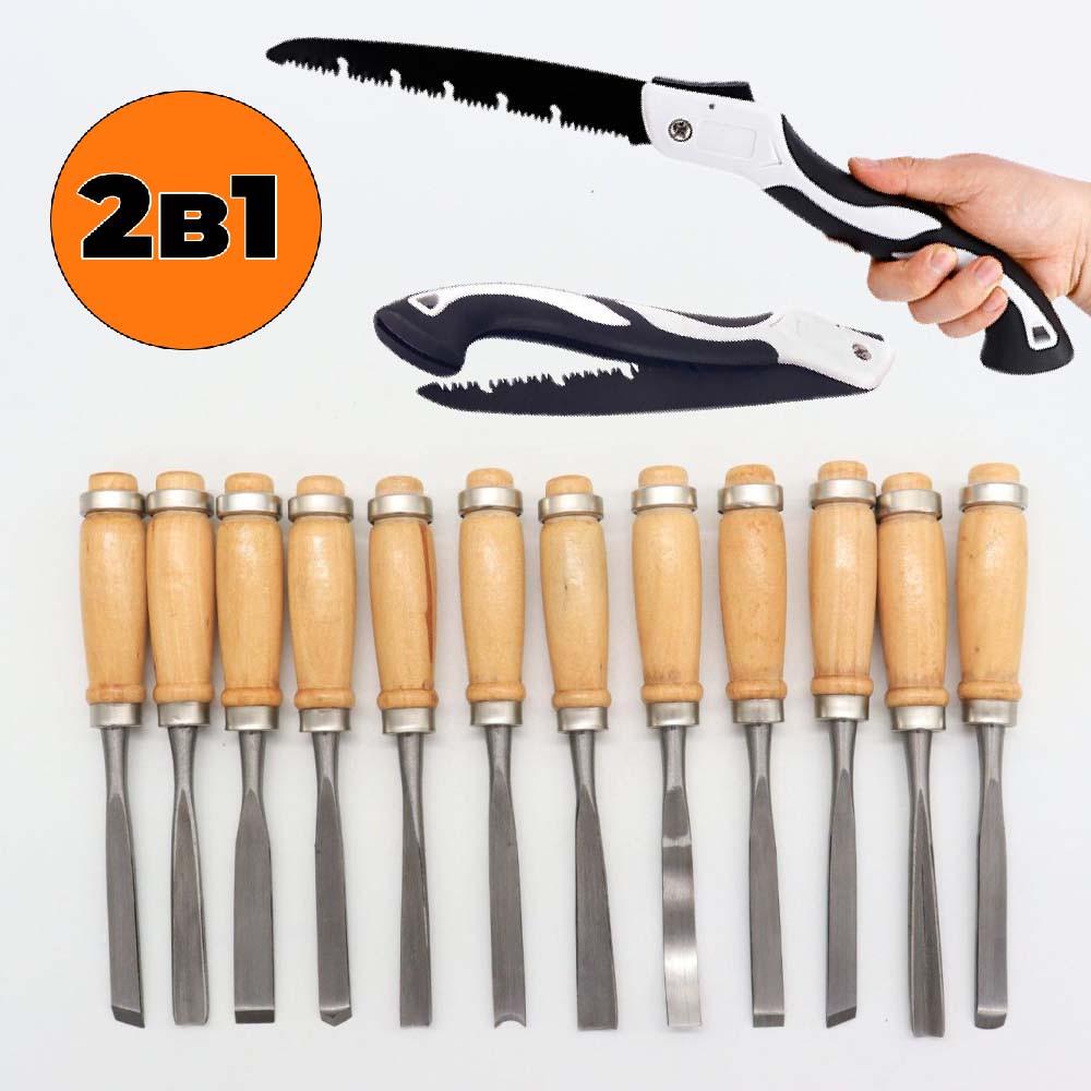 Набор стамесок для резьбы по дереву CCS 12 шт. для дерева и складная пила 280 мм по дереву с запасным полотном - фото 2