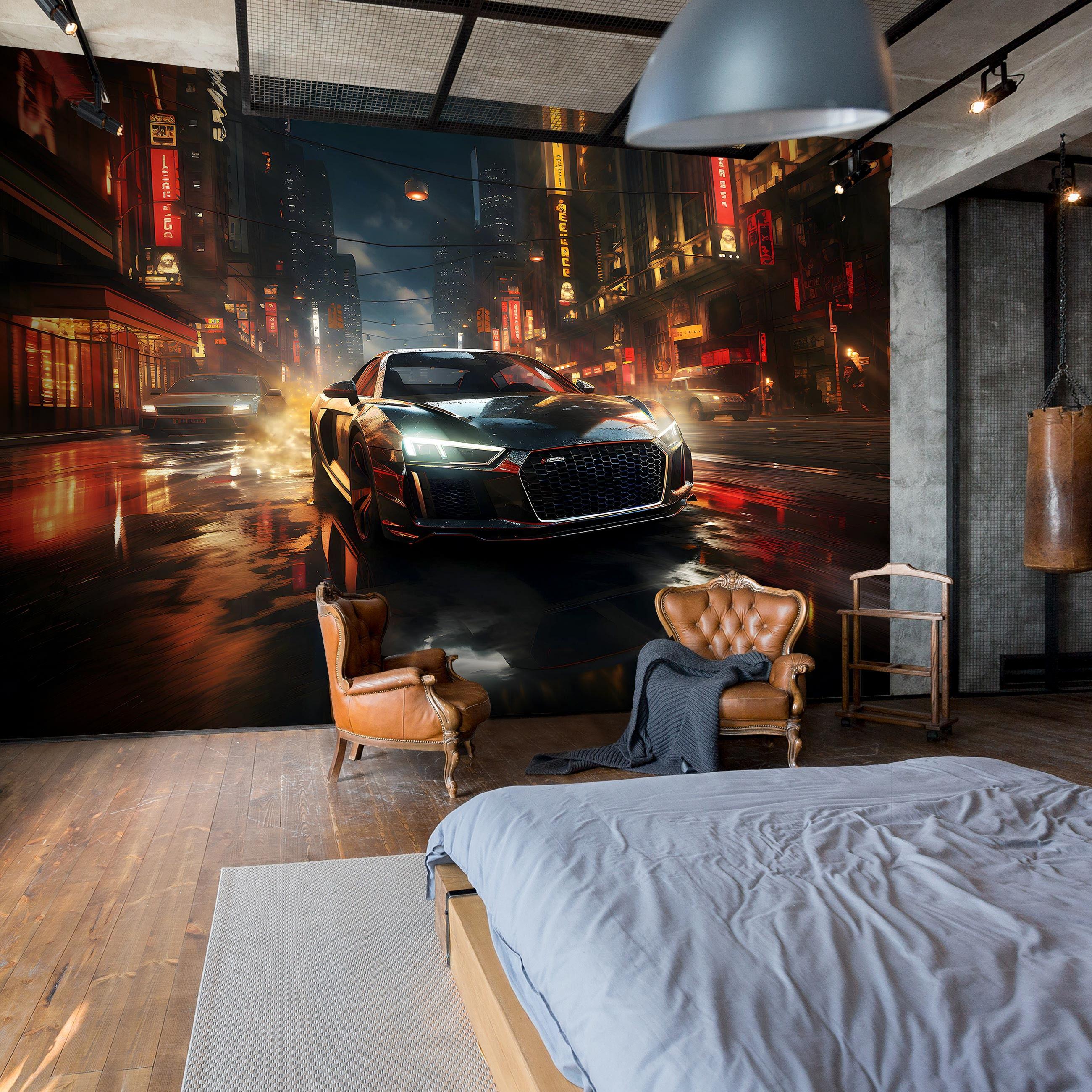 Фотошпалери флізелінові 3D Чорна машина у нічному місті з клеєм 368x254 см (14758V8)