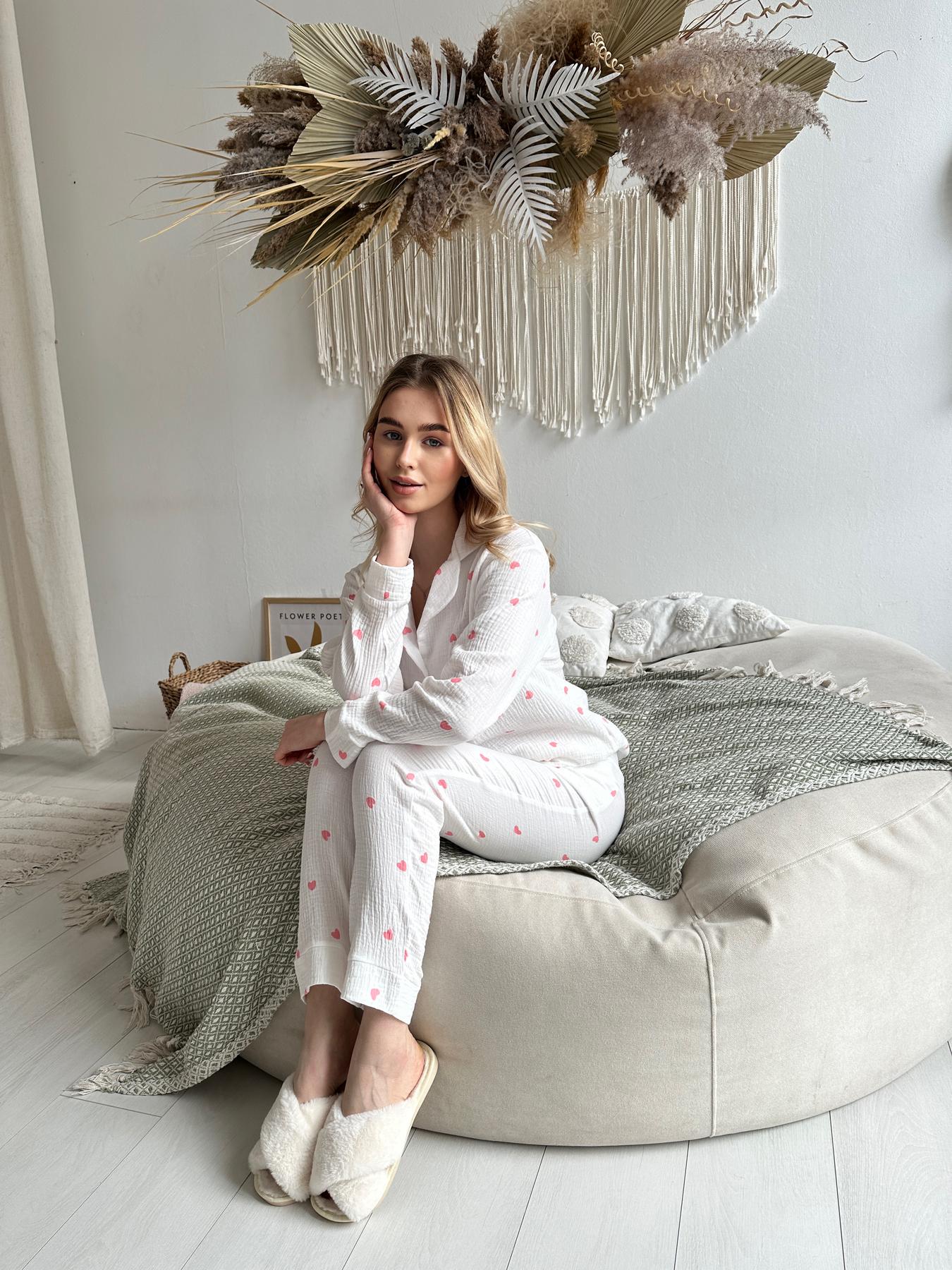 Пижама женская COSY Сердце муслиновая брюки/рубашка XL Белый/Розовый (M210P) - фото 8 Пижама женская COSY Сердце муслиновая брюки/рубашка XL Белый/Розовый (M210P) - фото 8