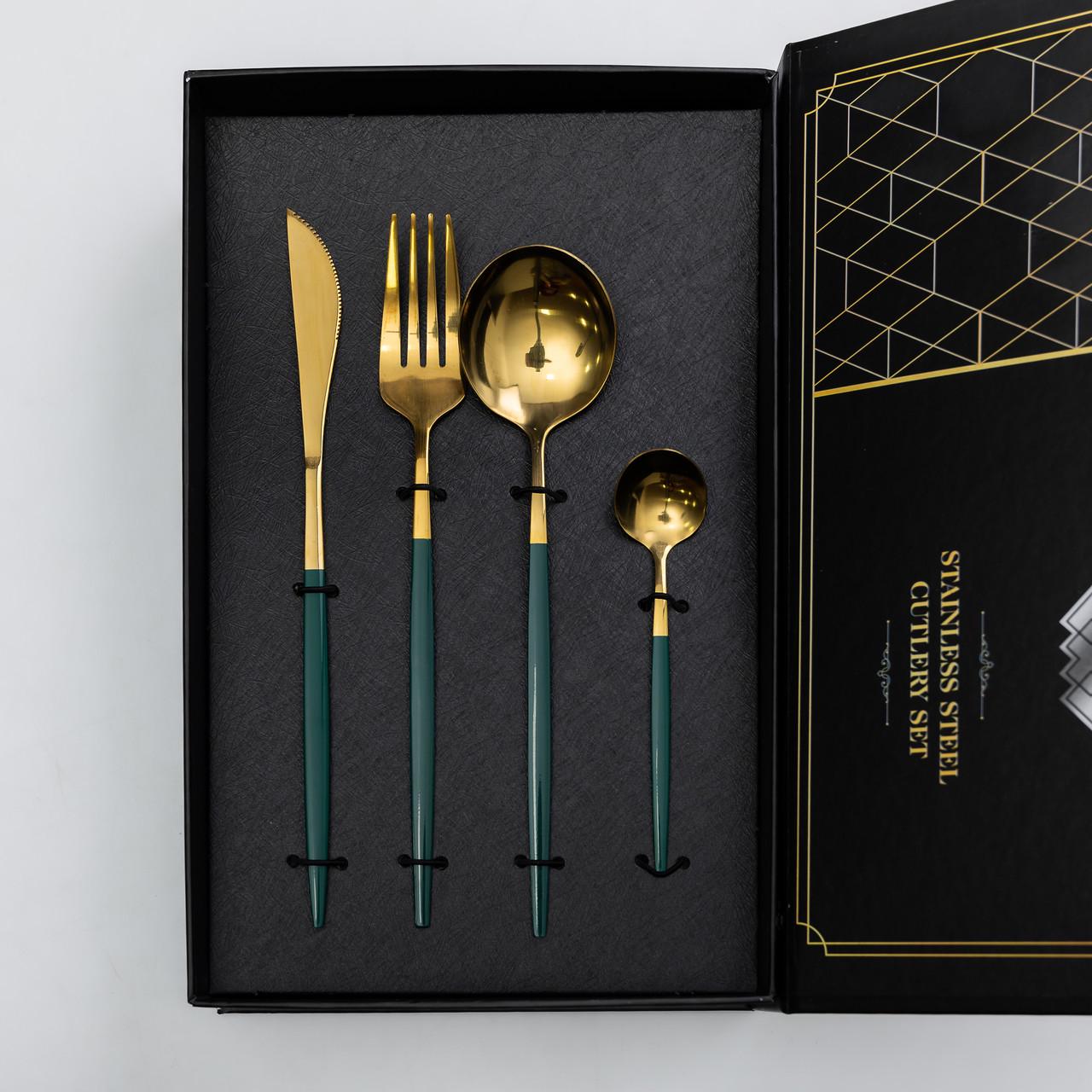 Набор столовых приборов на 6 персон 24 пр. Золотистый с зеленым - фото 2 Набор столовых приборов на 6 персон 24 пр. Золотистый с зеленым - фото 2