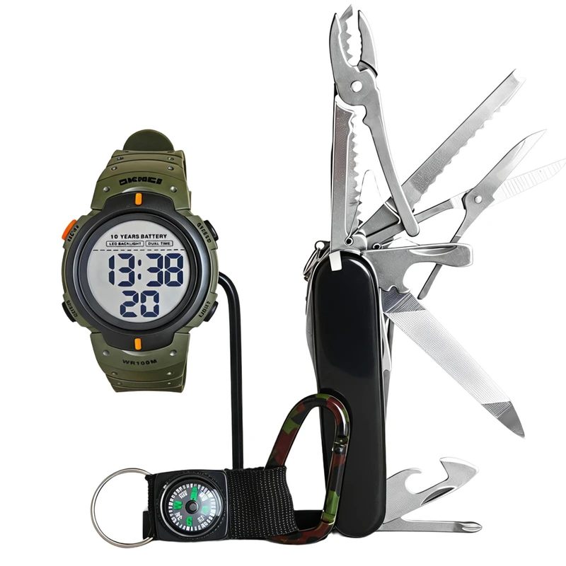 Набір тактичний Skmei Neon Survival наручний годинник та мультитул 10 Bar (60354)