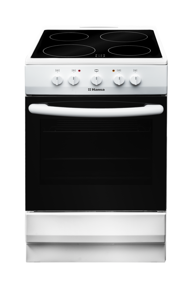 Плита электрическая Hansa FCCW53042, White, варочная поверхность с духовкой, поворотные переключатели, стеклокерамическая, 4 электрических конфорки, объем духовки 67 л, верхний нагрев, нижний нагрев, освещение, 85x50x60 см
