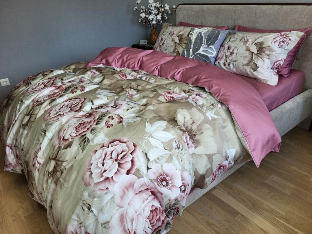 Комплект постельного белья на резинке PEONIES сатин Premium евро/наволочки 50х70/70х70 см (6202)