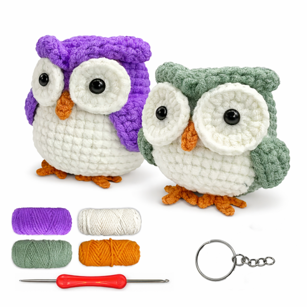 Набір для в'язання гачком для початківців Сови пряжа/гачки/відео-інструкції 8 см Фіолетовий/Зелений (32514986)
