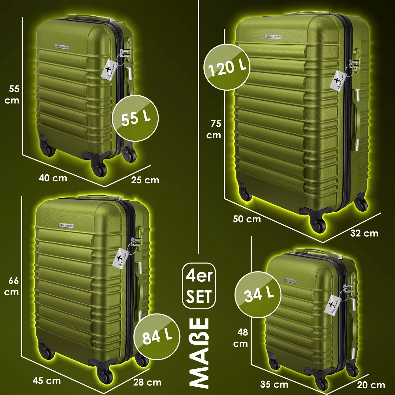 Набір з 4 дорожніх валіз KESSER з твердим корпусом S M/L/XL Хакі - фото 2