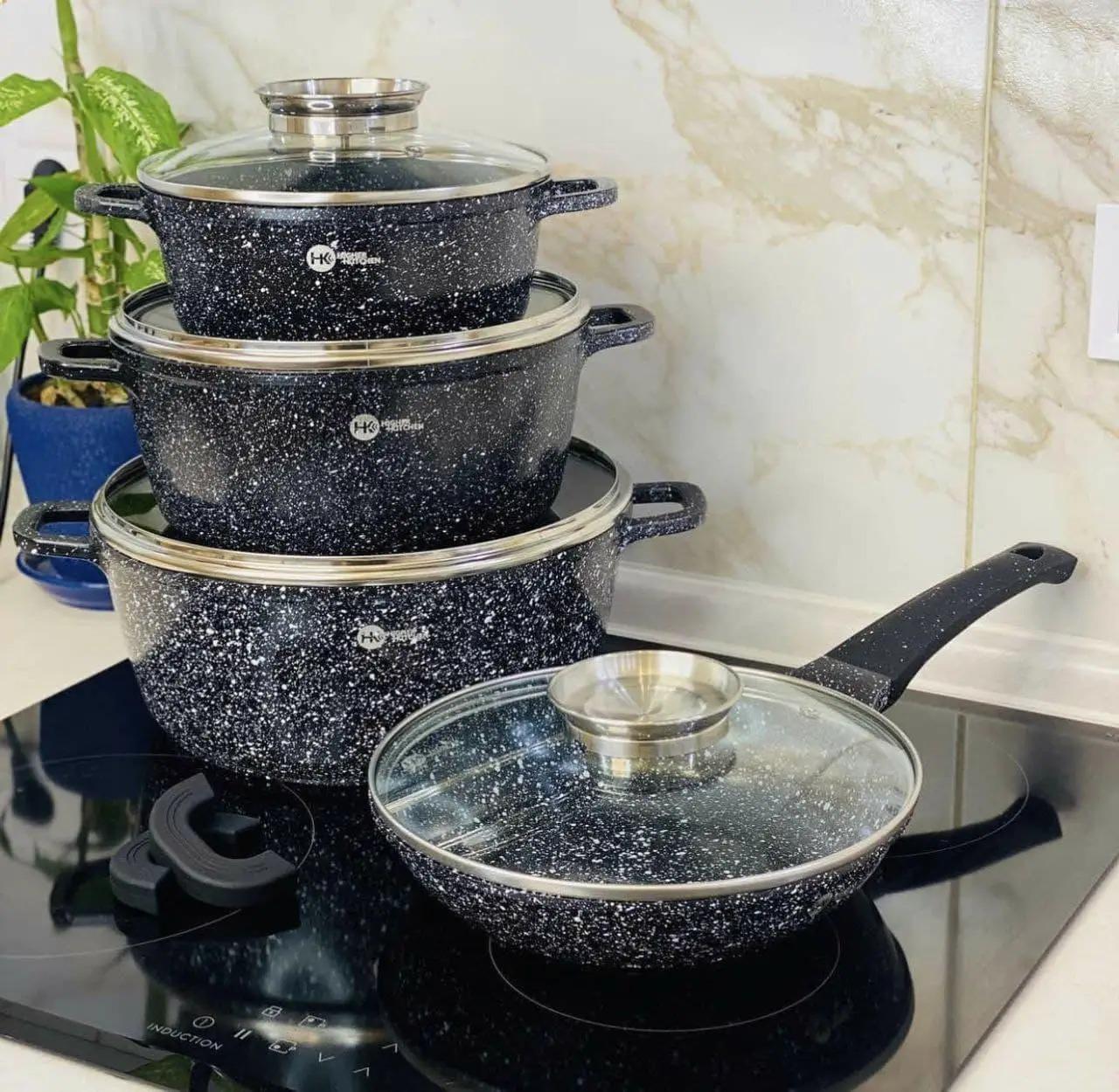 Набір каструль та сковорода Higher Kitchen HK-310 8 пр. із гранітним антипригарним покриттям Чорний (A7524) - фото 2