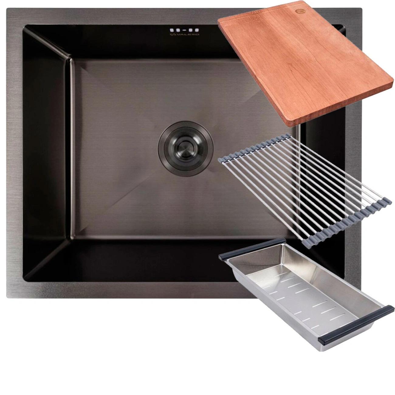 Мийка Valeso Handmade PVD під стільницю з кошиком/килимком і дошкою 3,0/0,8 мм 54x44 см Чорний (26642677)