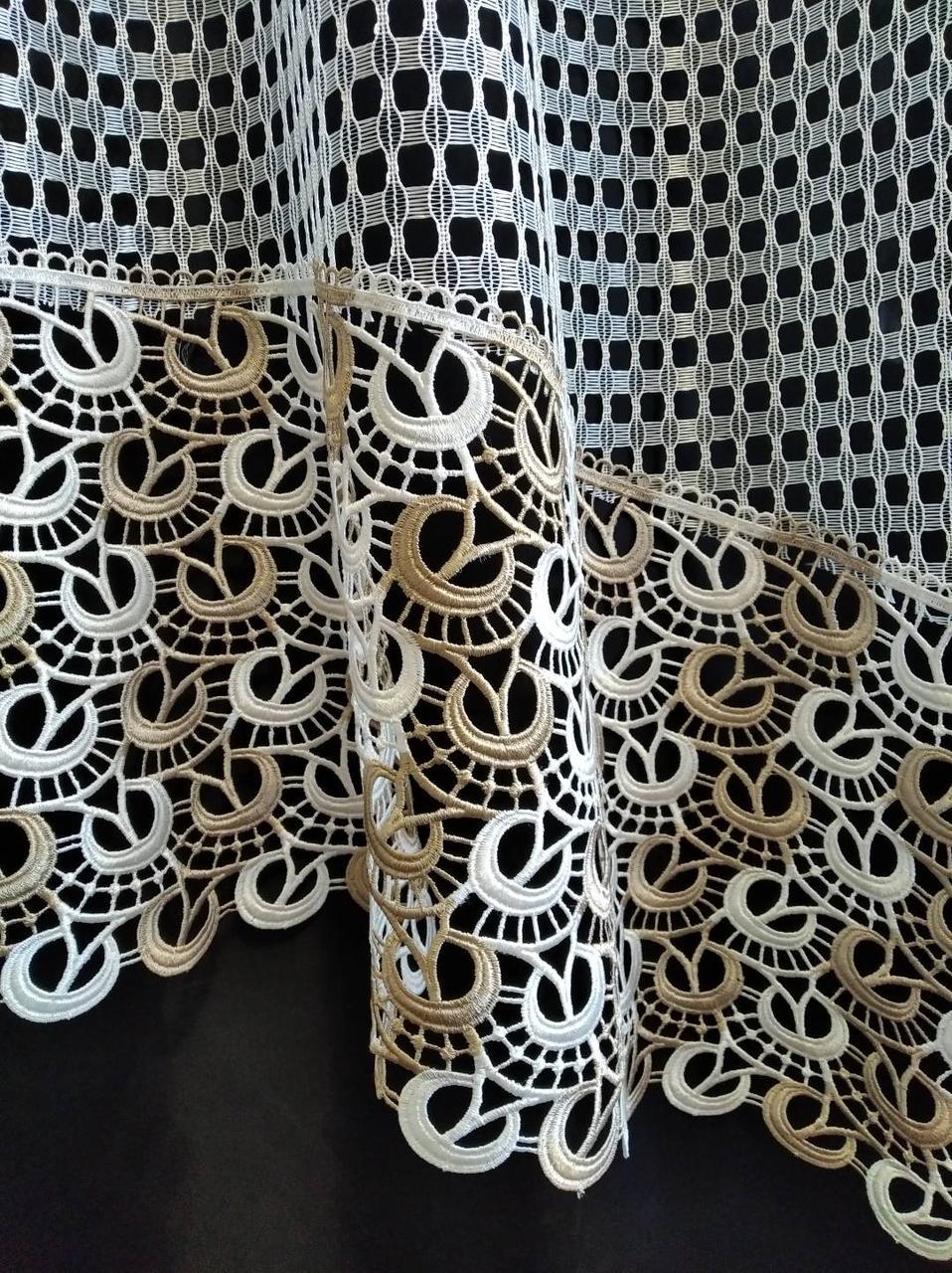 Занавеска Арка на сетке кубик с комбинированным кружевом кольца 280х180 см Белый с бежевым (а30м-01) - фото 2 Занавеска Арка на сетке кубик с комбинированным кружевом кольца 280х180 см Белый с бежевым (а30м-01) - фото 2