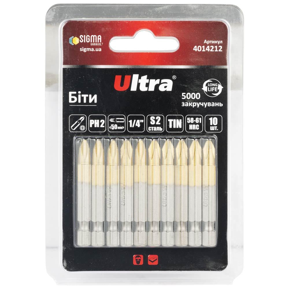 Набір біт Ultra PH2 x 50 мм 1/4" 10 шт. S2 TIN в блістері (4014212)