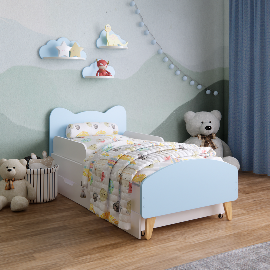 Детская кроватка Котик с ящиками и бортиками для детей 3-7 лет для мальчиков 140х70 см Голубой Детская кроватка Котик с ящиками и бортиками для детей 3-7 лет для мальчиков 140х70 см Голубой