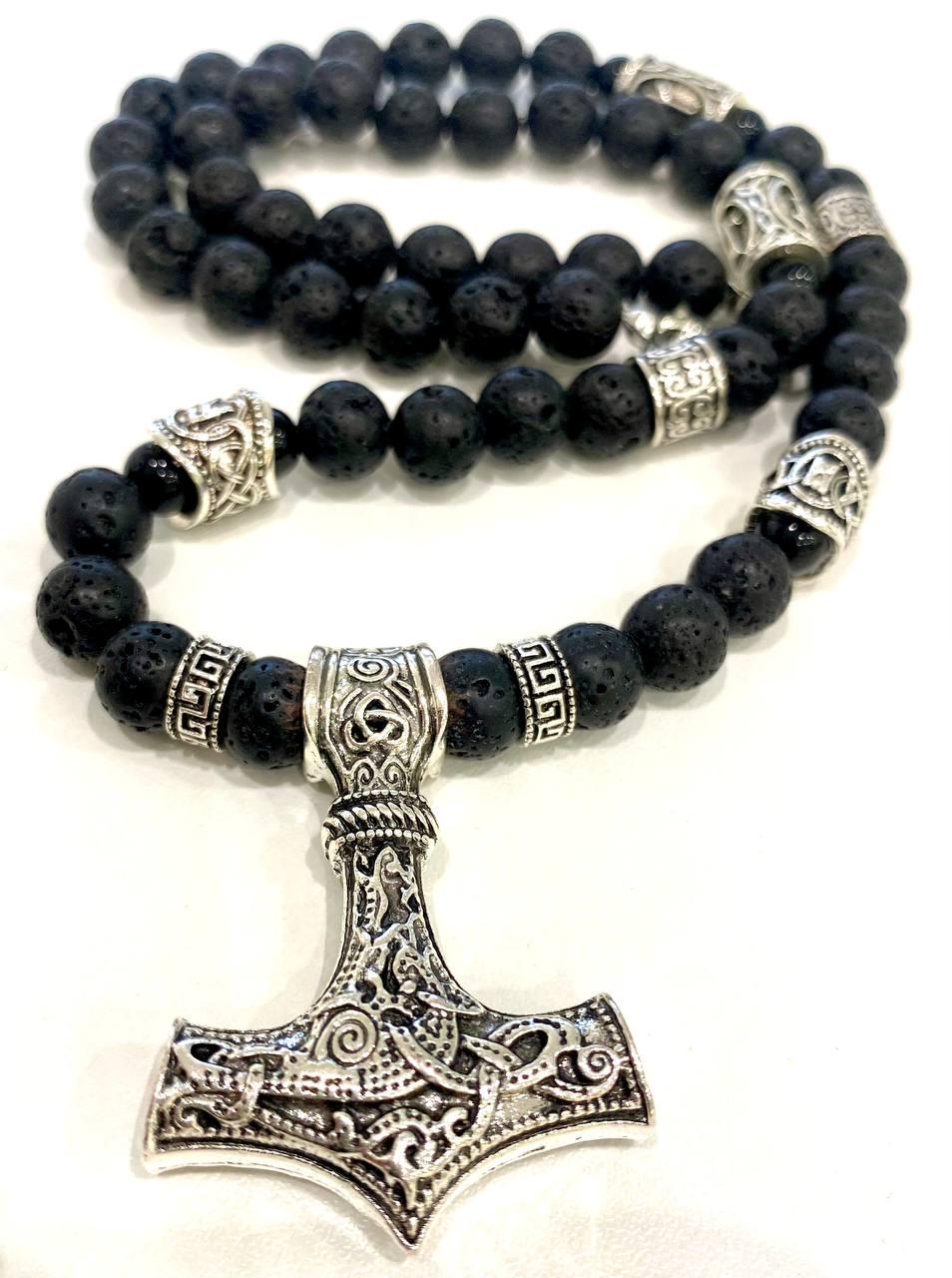 Колье оберег LITAURS из натурального лавового камня с рунами и подвеской молот Тора (250405)