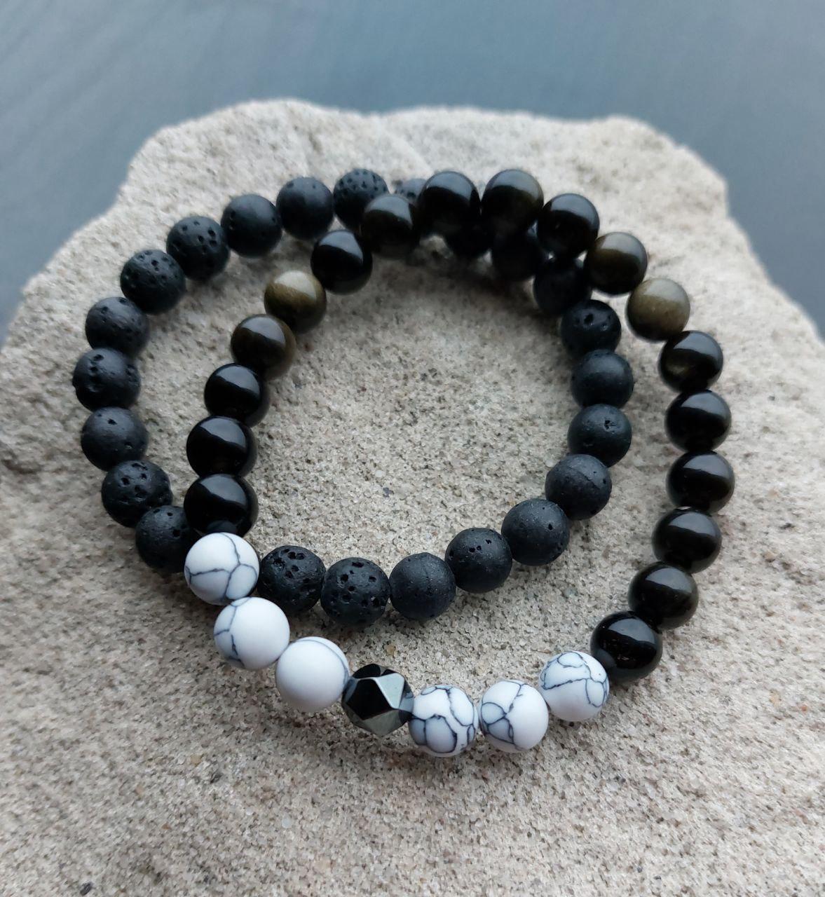 Браслет LITAURS из натуральных камней обсидиан/лавовый камень и вставками говлит/гематит М 15-17 см 2 шт. (250207) - фото 4 Браслет LITAURS из натуральных камней обсидиан/лавовый камень и вставками говлит/гематит М 15-17 см 2 шт. (250207) - фото 4